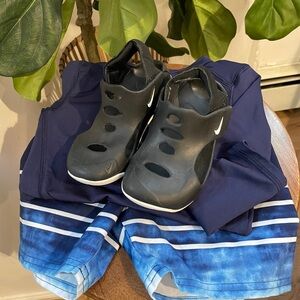 Toddler boys swim gear with hat and Nike water shoes